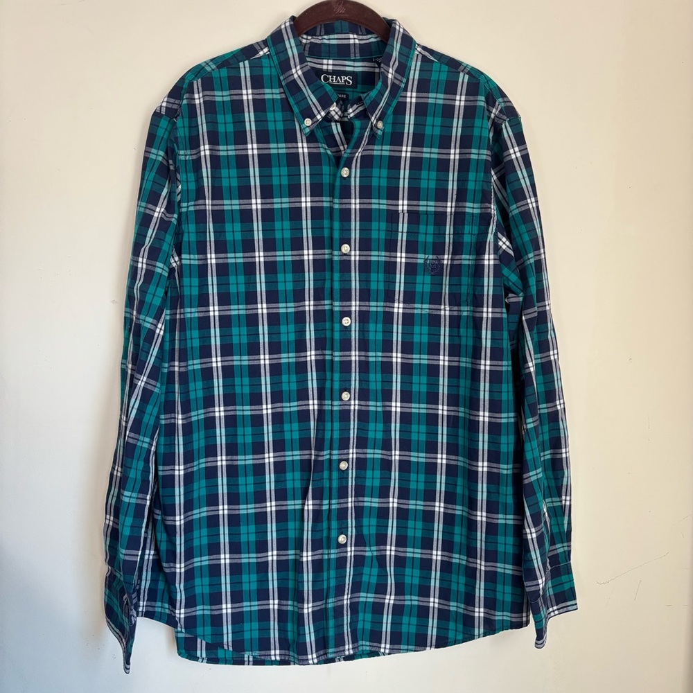 Chaps Men's Navy and Teal Plaid Shirt